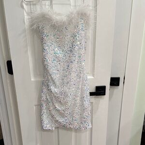 White Sequin Dress with Feather Trim - strapless